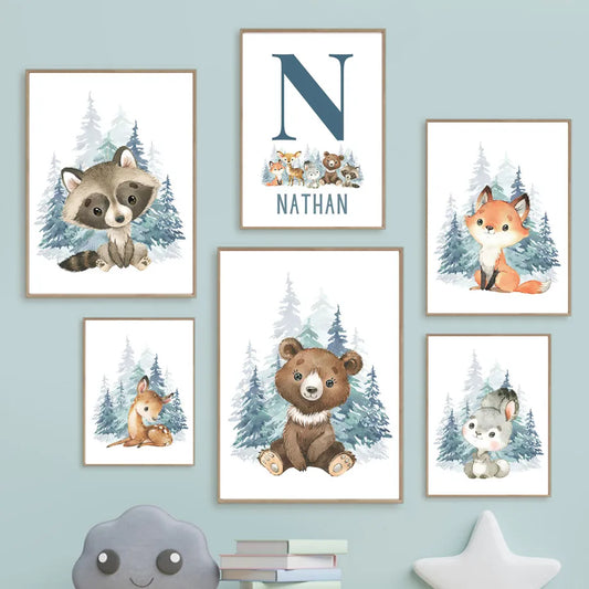 Personalized Woodland Animal Fox Bunny Nursery Wall Art Canvas Painting Nordic Posters And Prints Wall Pictures Kids Room Decor - NICEART