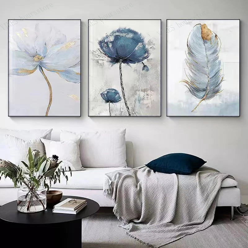 Abstract Art Painting Nordic Living Room Decor Picture Blue Gold Plant Leaves Canvas Poster Print Modern Home Decor Wall - NICEART