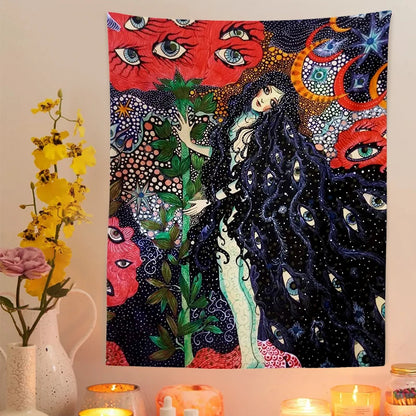 Psychedelic Girl Tapestry Wall Hanging Botanical Celestial Floral Tapestry Hippie Eye Wall Carpets Dorm Decor Starry SkyCarpet