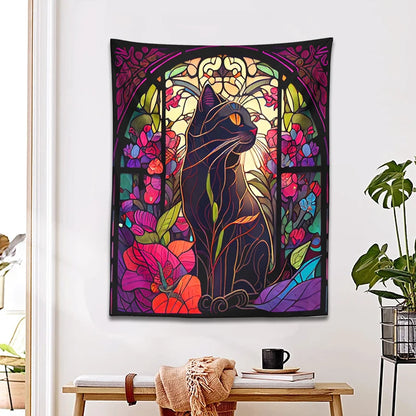 Mystery Cat Tapestry Wall Hanging Stained Glass Floral Wall Art Print Cute Cat Wall Decor Cat Lovers Gift Boho Home Room Decor