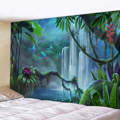 Jungle birdsong Floral Art Deco tapestry psychedelic scene wall hanging Bohemian aesthetic room bedroom home decor