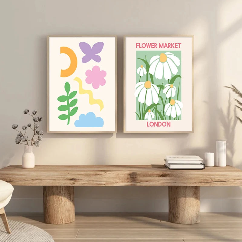 Abstract Picasso Poster New York London Pink Green Canvas Painting And Lovely Heart Leaves Flower Market Wall Art Home Decor - NICEART