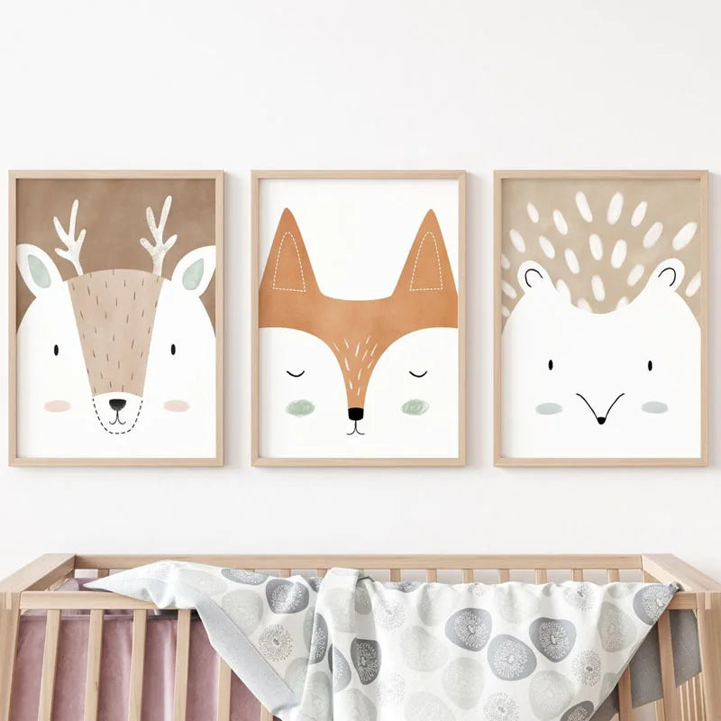 Deer Fox Rabbit Bear Hedgehog Woodland Nursery Wall Art Print Canvas Painting Nordic Poster Wall Pictures Baby Kids Room Decor - NICEART
