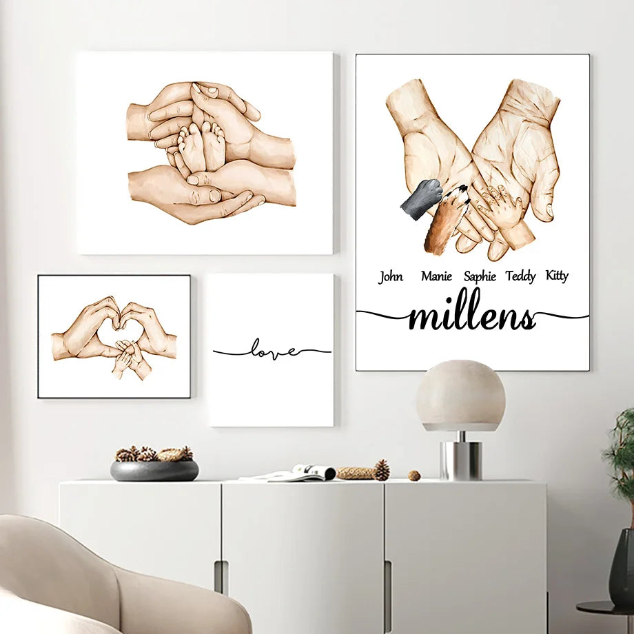 Family Hands Posters And Prints Personalized Name Birthday Gift Wall Art Line Canvas Painting Modern Children's Room Home Decor - NICEART