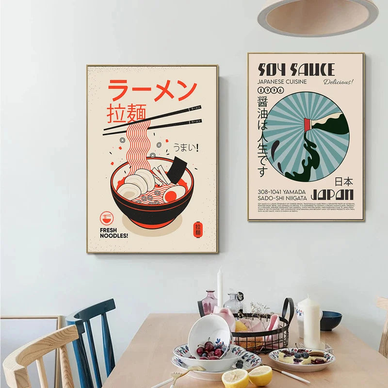 Ramen with Egg Japanese Sushi Shochu Food Wall Art Canvas Painting Nordic Posters Retro Kitchen Restaurant Wall Decor Picture - NICEART