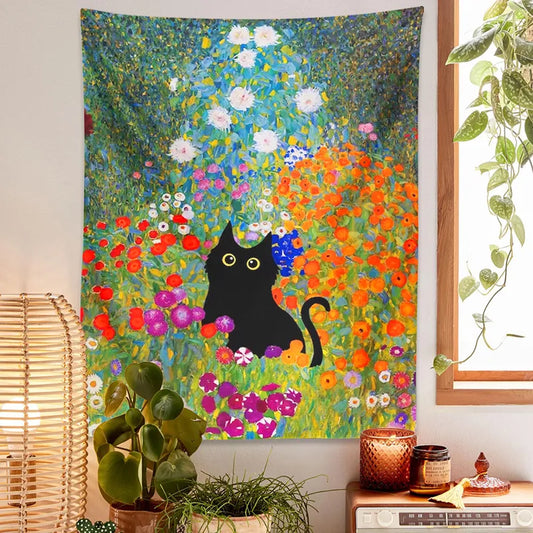 Garden Cat Tapestry Wall Hanging Oil Painting Garden Plants Flowers Cute Cat Psychedelic Bohemia Room Art Home Decor Gift