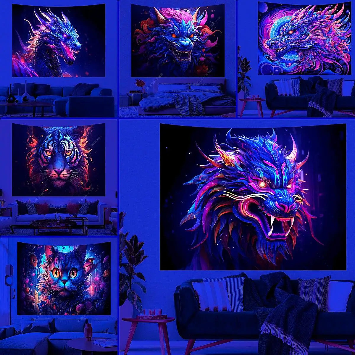 Animal UV Reactive Tapestry Psychedelic Dragon Lion Tiger Cat Tapestries Hippie  Aesthetic Wall Hanging Room Decor Party Decor - NICEART