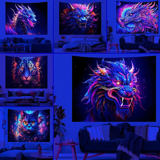 Animal UV Reactive Tapestry Psychedelic Dragon Lion Tiger Cat Tapestries Hippie  Aesthetic Wall Hanging Room Decor Party Decor