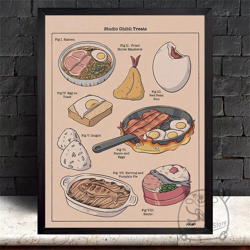 Studio Ghibli Treats Poster Canvas Print Japanese Anime Food Ramen Horse Mackerel Toast Wall Art Picture Kitchen Decor Painting - niceart