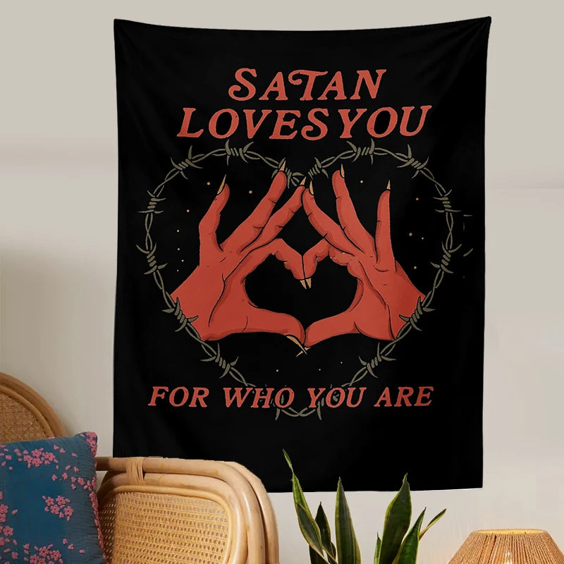 Tarot Card Tapestry Wall Hanging Satan Loves You Witchcraft Bohemian Style Tarot Decoration Hippie Mattress Dorm Room poster - NICEART