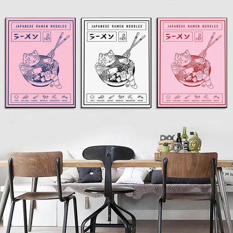 Japanese Ramen Painting Animal Cat Cartoon Posters and Prints Wall Picture Noodles Food Kids Kitchen Room Decoration for Home - NICEART