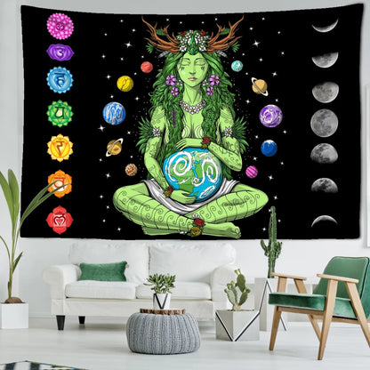 Green Girl Seven Chakra Tapestry Wall Hanging Abstract Psychedelic Witchcraft Art Bohemian Dormitory Living Room Home Decor