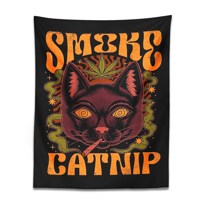 Smoke Catnip Tapestry Wall Hanging retro tarot cat smoke leaf Mysterious Divination Witchcraft Black Cool home dorm room Decor - NICEART