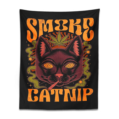 Smoke Catnip Tapestry Wall Hanging retro tarot cat smoke leaf Mysterious Divination Witchcraft Black Cool home dorm room Decor