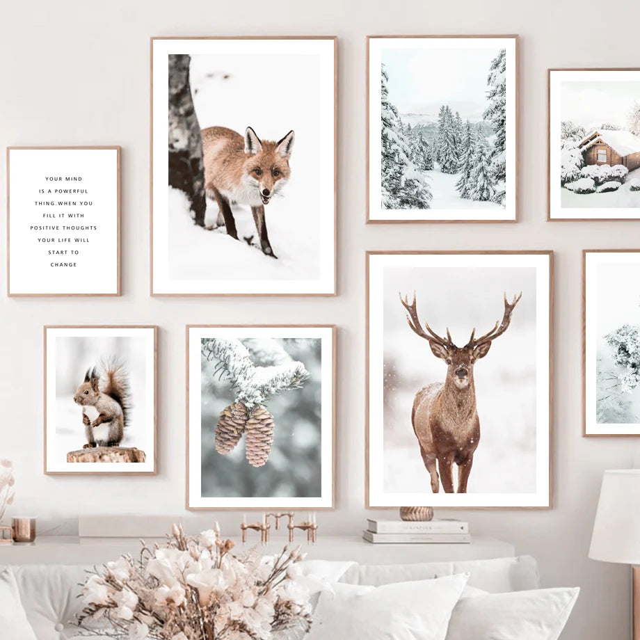 Wapiti Squirrel Fox Pine Snowfield Wall Art Canvas Painting Nordic Posters And Prints Wall Pictures For Living Room Winter Decor - NICEART
