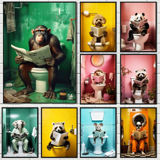 Chimpanzee Elephant Panda Animal Posters Print Funny Art Wall Picture Canvas Painting for Bathroom Toilet Room Home Decor Gift - NICEART