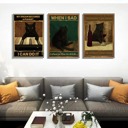 Black Cat Nostalgia Poster Kraft Paper Prints Salon Decor Cartoon Picture 2022 Arrivals Decoration Wall Sticker Bedroom Painting - NICEART