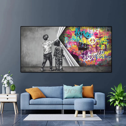 Street Graffiti Art Behind the Curtain Canvas Painting,Boy and Girl Find Love,Banksy Wall Art Posters Prints for Home Room Decor - NICEART