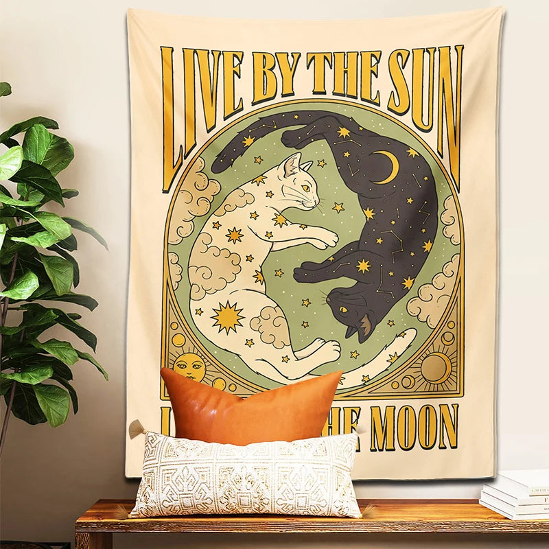 Sun Moon cat Tapestry Wall Hanging Tarot retro black white cat psychedelic love star for Living Room Home Dorm Decor Cloth gift - NICEART