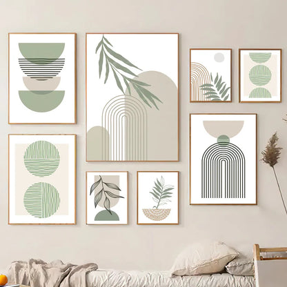 Green Line Leaves Geometry Abstract Boho Room Decor Modern Wall Art Canvas Painting Nordic Poster And Wall Prints For Home Decor - niceart