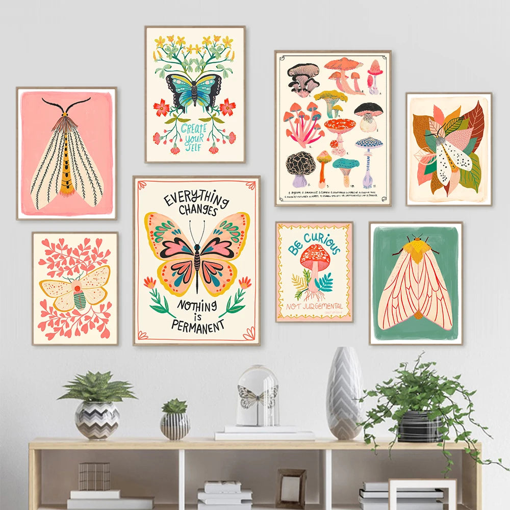 Mushroom Butterfly Inspirational Quote Boho Nursery Wall Art Picture Canvas Painting Nordic Posters And Prints Living Room Decor - niceart