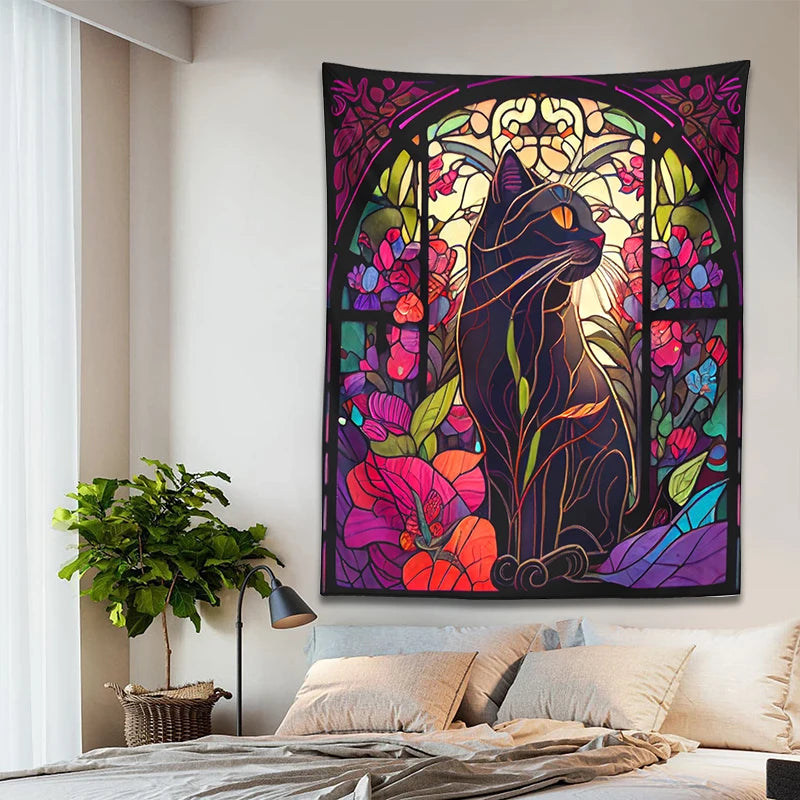 Mystery Cat Tapestry Wall Hanging Stained Glass Floral Wall Art Print Cute Cat Wall Decor Cat Lovers Gift Boho Home Room Decor