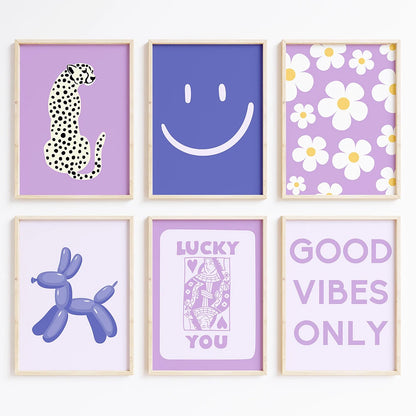 Purple Preppy Aesthetic Gallery Wall Prints Trendy Retro Wall Art Pictures Collage Dorm Room Decor Funky y2k Poster Floral Smile - NICEART