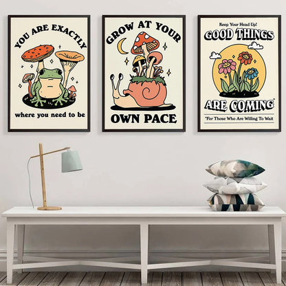 You Are Exactly Funny Mushroom Poster Retro 70s Groovy Hippie Ball Dancing Frogs Canvas Painting Wall Art Pictures Home Decor - NICEART