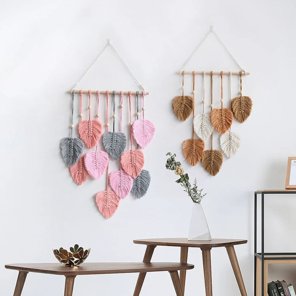 Leaves Tassels Hand-woven Macrame Wall Hanging Ornament Bohemian Craft Decoration Leaf Tapestry For Home Living Room Decors