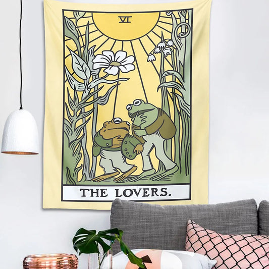 Psychedelic Frog Tarot Tapestry Wall Hanging the lovers sun flower Aesthetic Tapestries Botanical Hippie Home Decor Wall Cloth