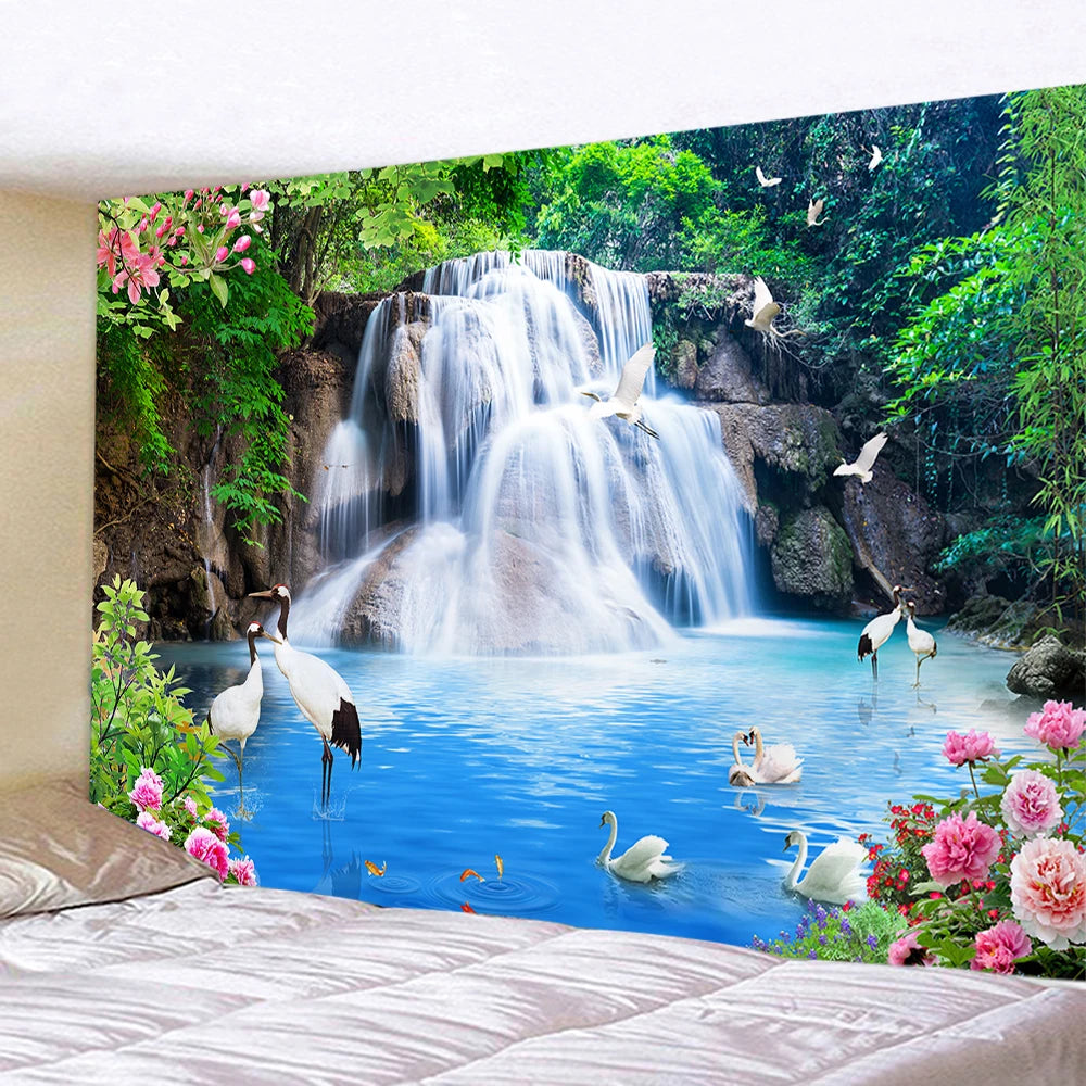 Nature Landscape Tapestry Chinese Scenery Painting Home Decor Mountain Waterfall Sunset Flower Wall Hanging Wall Decoration