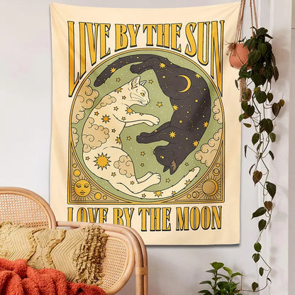 Sun Moon cat Tapestry Wall Hanging Tarot retro black white cat psychedelic love star for Living Room Home Dorm Decor Cloth gift - NICEART