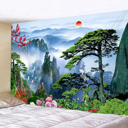 Nature Landscape Tapestry Chinese Scenery Painting Home Decor Mountain Waterfall Sunset Flower Wall Hanging Wall Decoration