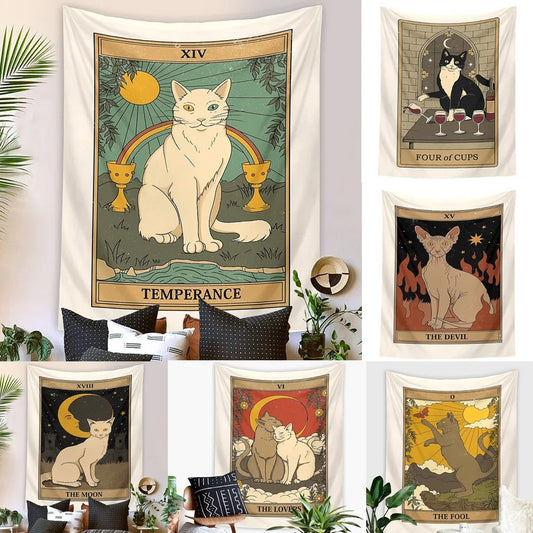 75x58cm Mystery Divination Cat Tarot Card Tapestry Wall Hanging Boho Hippie Sun Moon Star Cloth Tapestry Interior Dorm Decor