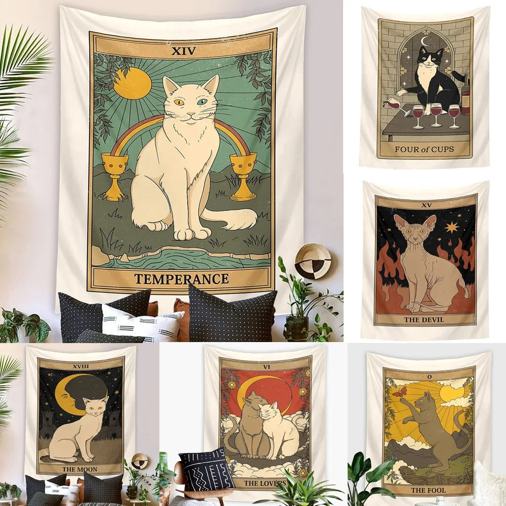 75x58cm Mystery Divination Cat Tarot Card Tapestry Wall Hanging Boho Hippie Sun Moon Star Cloth Tapestry Interior Dorm Decor