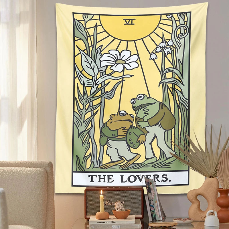 Psychedelic Frog Tarot Tapestry Wall Hanging the lovers sun flower Aesthetic Tapestries Botanical Hippie Home Decor Wall Cloth