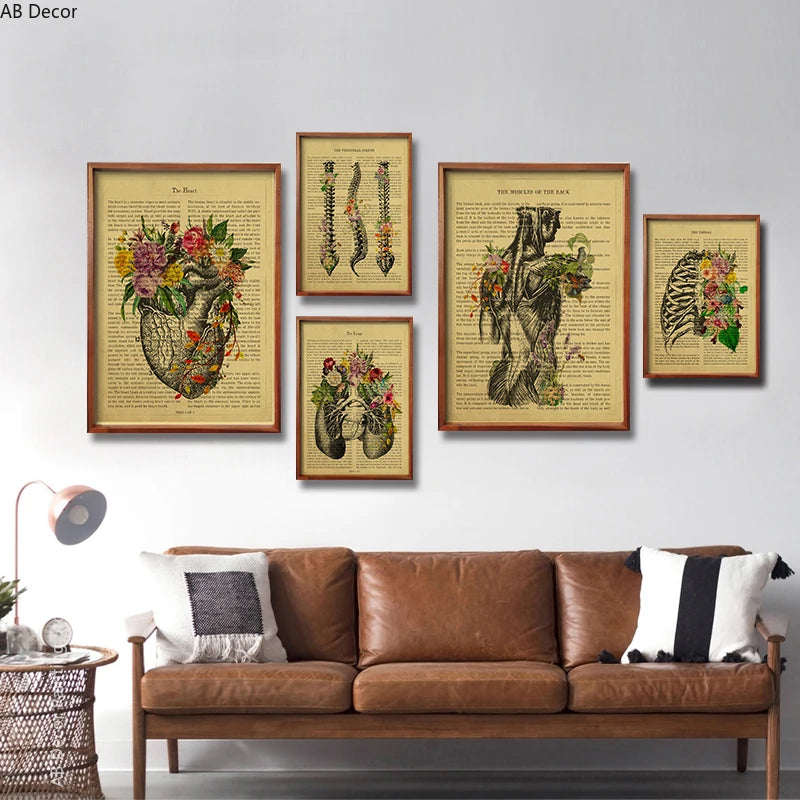 Human Heart/Lungs/Thorax/Cerebrum Anatomy with Flower and Description Posters Prints Retro Home Medical Decor Art Wall Painting - niceart