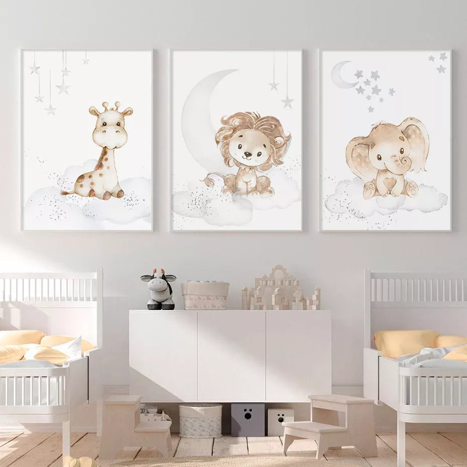 Cartoon Lion Elephant African Animals Clouds Nursery Poster Print Canvas Painting Beige Wall Art Picture Baby Bedroom Home Decor - NICEART
