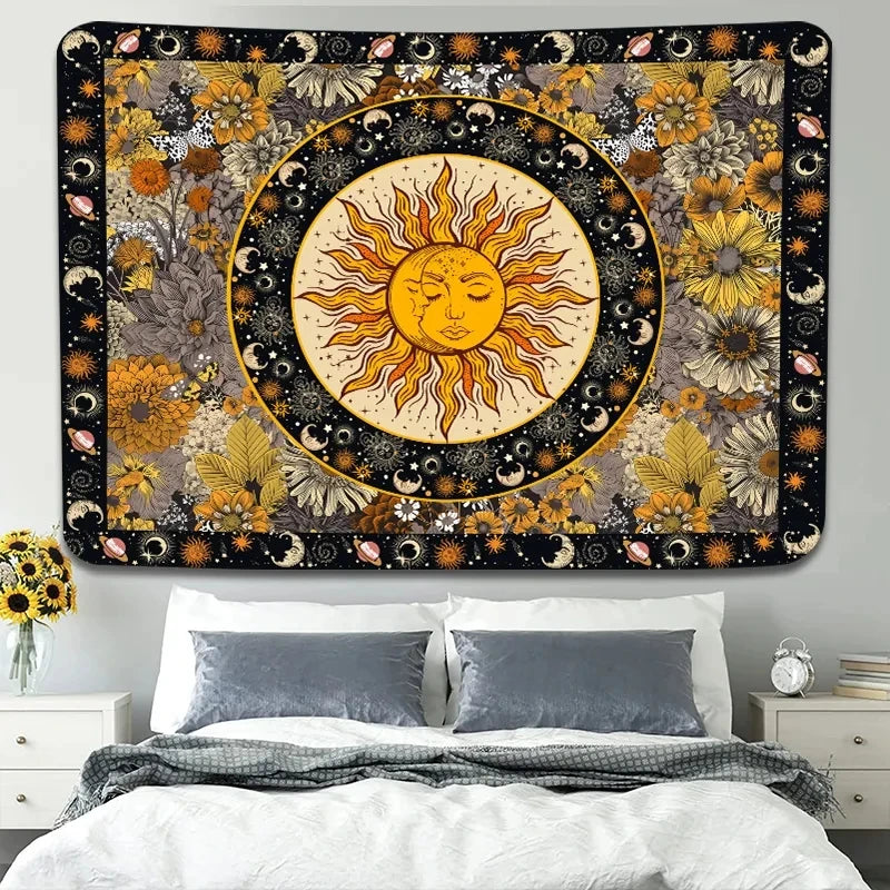 Sun Moon Tapestry Vintage Boho Tapestries Wall Hanging with Sunflowers Moth Constellation Aesthetic for Bedroom Dorm Living Room - NICEART