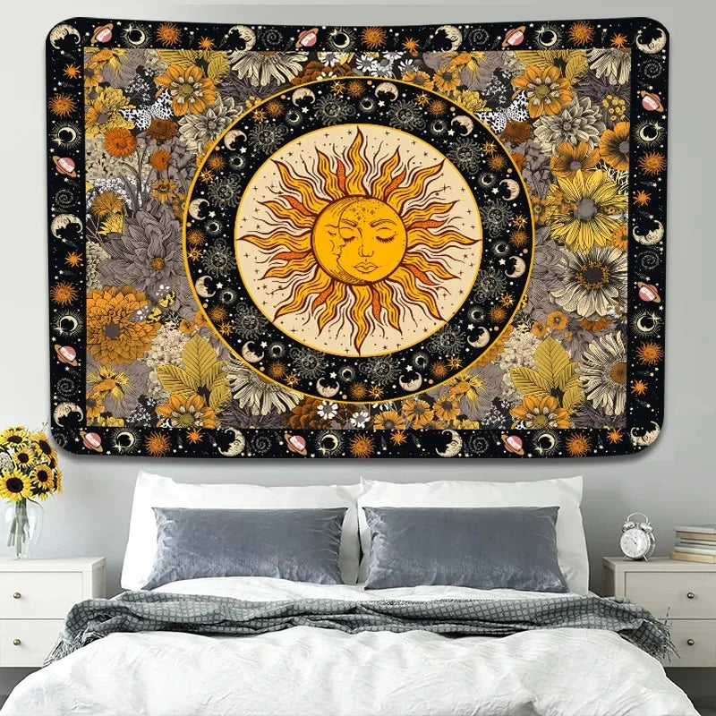 Sun Moon Tapestry Vintage Boho Tapestries Wall Hanging with Sunflowers Moth Constellation Aesthetic for Bedroom Dorm Living Room