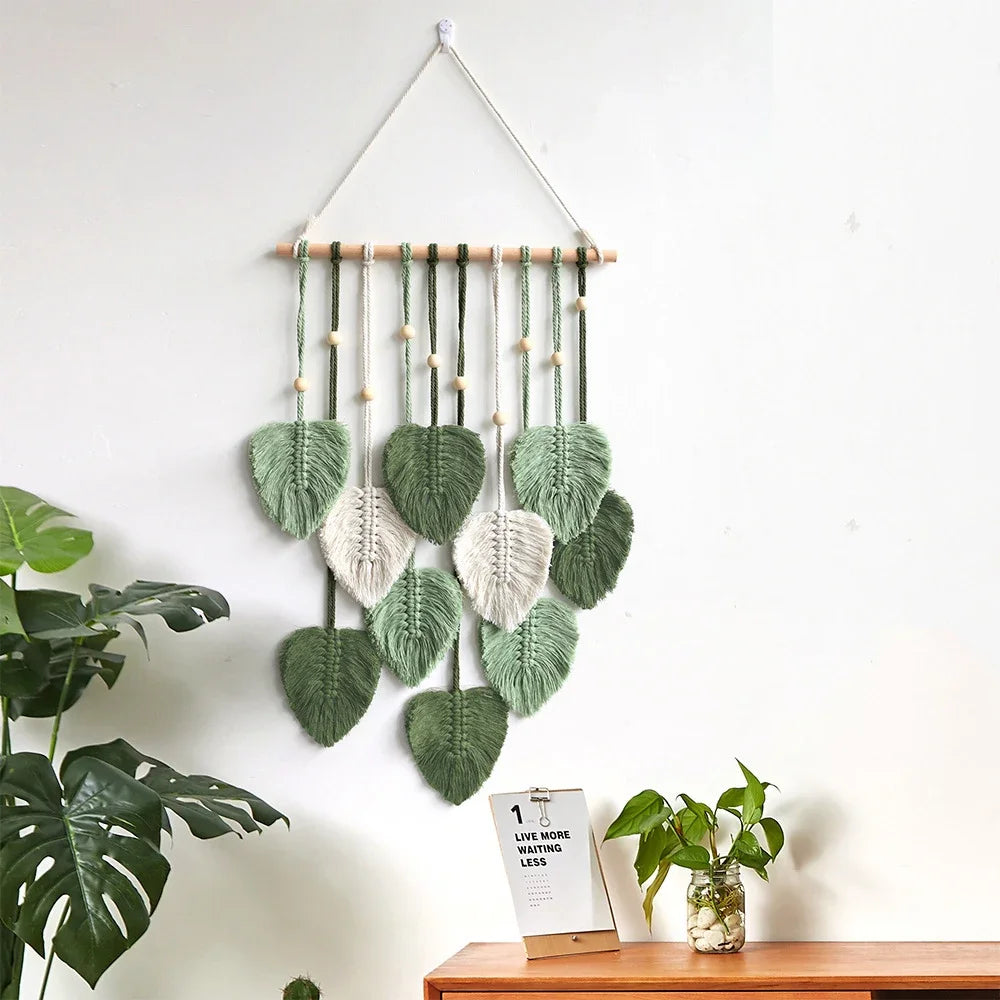 Leaves Tassels Hand-woven Macrame Wall Hanging Ornament Bohemian Craft Decoration Leaf Tapestry For Home Living Room Decors