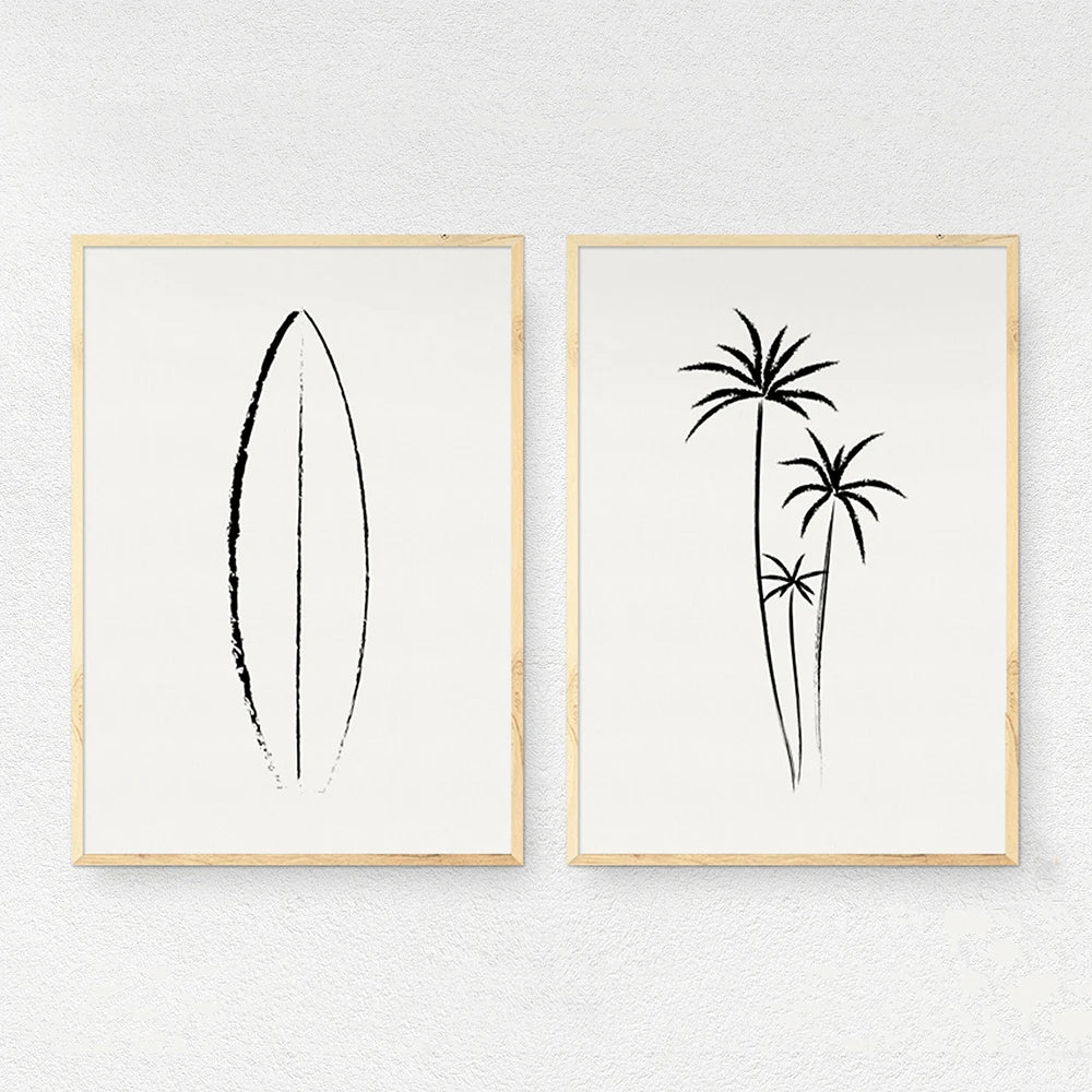 Surfboard And Palm Trees Wall Art Canvas Painting Nordic Posters And Prints Neutral Beach Wall Pictures Kids Nursery Room Decor - NICEART