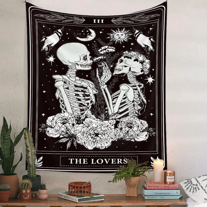 Print Skull Couple Wedding Tapestry Tarot Card Star Moon Psychedelic Divination Bohemian Wall Cloth Skeleton Rose Flower Blanket