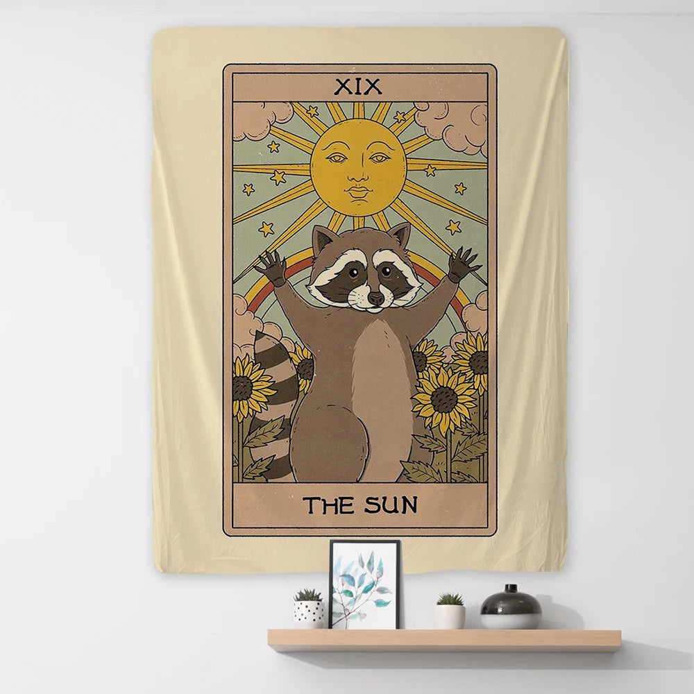 Raccoon Tarot Tapestry Phycadelic Wall Hanging Mysterious Art Wall Boho Witchcraft Hippie Kawaii Aesthetic Room Home Decor