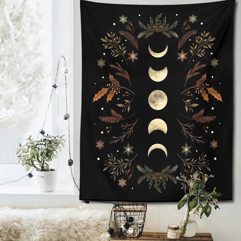 Moon Phase Tapestry Wall Hanging Black Psychedelic Tapestries Flower Starry Bohemian Tapestries Art Home Decoration