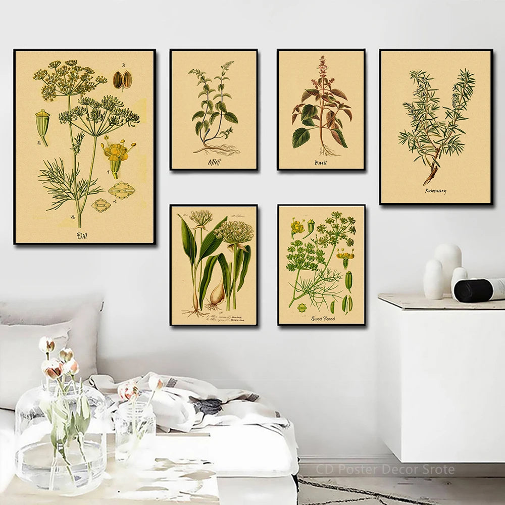 Culinary Herbs Poster Prints Flower Herbal Botanical Illustrations Kraft Paper Vintage Room Home Kitchen Art Wall Decor Painting - NICEART