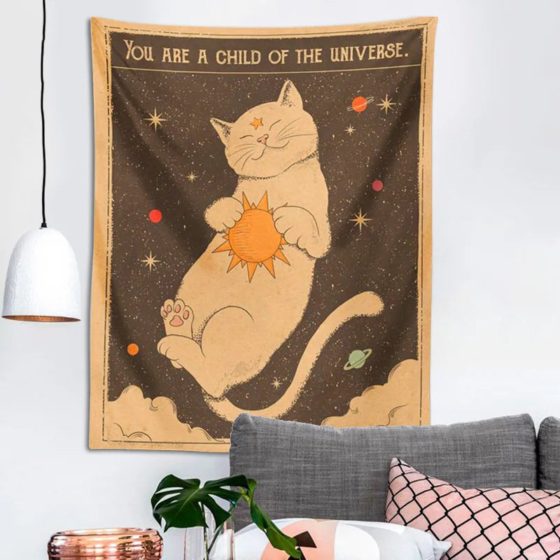 Sun moon Tarot Cat Tapestry  Wall Hanging Witchcraft you are a child of the universe Bohemia Home Decor Hippie Bedroom Decor - NICEART