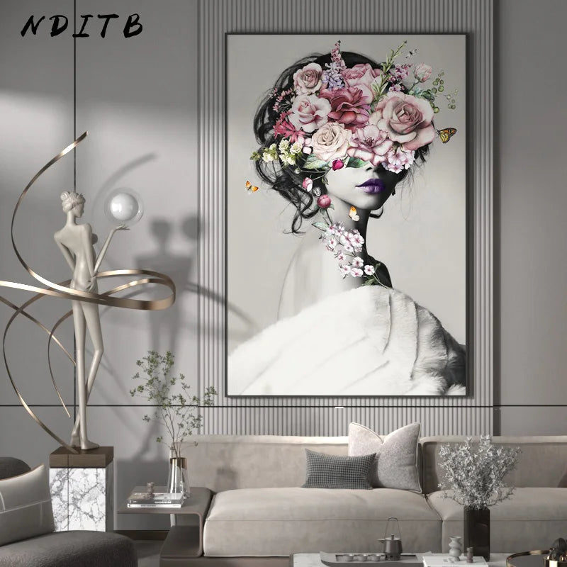 Fashion Flower Woman Art Poster HD Print Modern Floral Lady Abstract Canvas Painting Luxury Style Wall Picture Mural Home Decor - NICEART