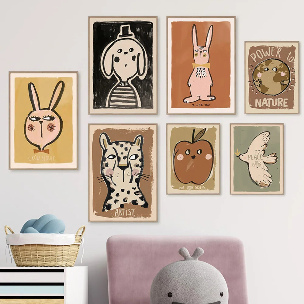 Funny Animal Rabbit Dove Cartoon Wall Art Canvas Painting Nordic Retro Nursery Decorate Poster Print Picture Kid Room Home Decor - NICEART