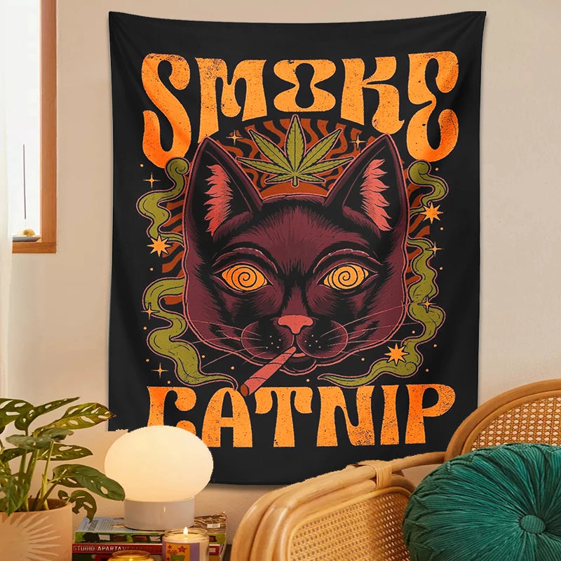 Smoke Catnip Tapestry Wall Hanging retro tarot cat smoke leaf Mysterious Divination Witchcraft Black Cool home dorm room Decor - NICEART